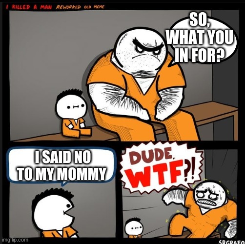 Srgrafo dude wtf | SO, WHAT YOU IN FOR? I SAID NO TO MY MOMMY | image tagged in srgrafo dude wtf | made w/ Imgflip meme maker