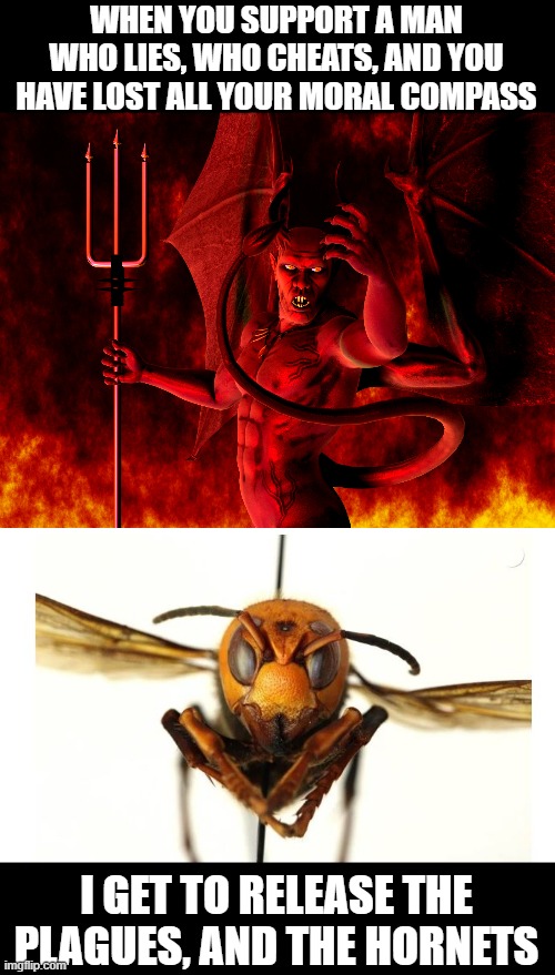 Coincidence? | WHEN YOU SUPPORT A MAN WHO LIES, WHO CHEATS, AND YOU HAVE LOST ALL YOUR MORAL COMPASS; I GET TO RELEASE THE PLAGUES, AND THE HORNETS | image tagged in satan,government corruption,religion,hypocrisy,memes,politics | made w/ Imgflip meme maker