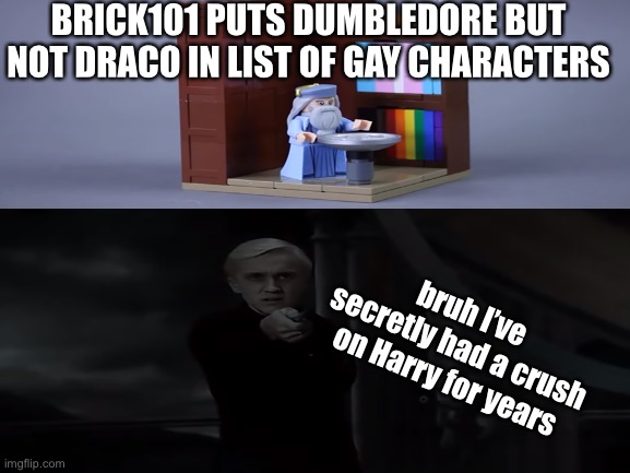 Poor Draco, BRICK101 is still epic youtuber subscribe bruh | BRICK101 PUTS DUMBLEDORE BUT NOT DRACO IN LIST OF GAY CHARACTERS; bruh I’ve secretly had a crush on Harry for years | image tagged in lego,draco malfoy,gay,pride,dumbledore,bruh moment | made w/ Imgflip meme maker