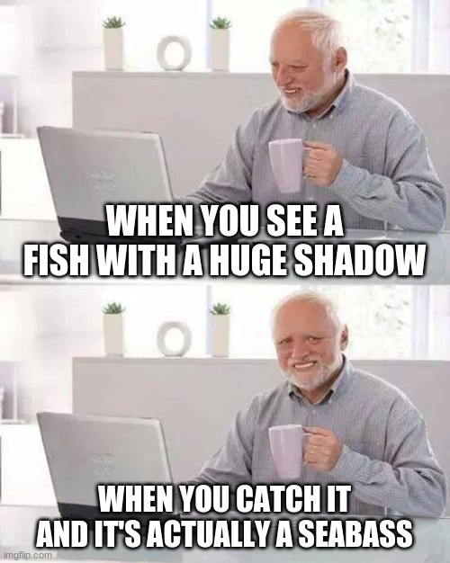 Can AC players relate? | WHEN YOU SEE A FISH WITH A HUGE SHADOW; WHEN YOU CATCH IT AND IT'S ACTUALLY A SEABASS | image tagged in memes,hide the pain harold,animal crossing | made w/ Imgflip meme maker