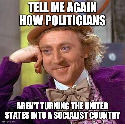 Creepy Condescending Wonka | TELL ME AGAIN HOW POLITICIANS; AREN'T TURNING THE UNITED STATES INTO A SOCIALIST COUNTRY | image tagged in memes,creepy condescending wonka | made w/ Imgflip meme maker