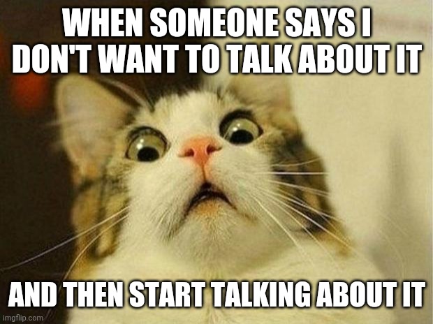 Scared Cat Meme | WHEN SOMEONE SAYS I DON'T WANT TO TALK ABOUT IT; AND THEN START TALKING ABOUT IT | image tagged in memes,scared cat | made w/ Imgflip meme maker