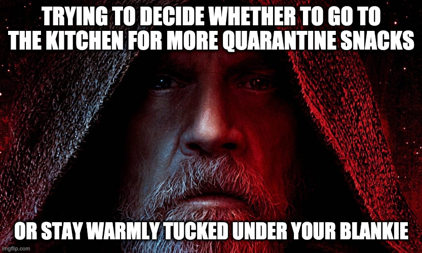 May the 4th Be with you to Get off of your Couch | TRYING TO DECIDE WHETHER TO GO TO THE KITCHEN FOR MORE QUARANTINE SNACKS; OR STAY WARMLY TUCKED UNDER YOUR BLANKIE | image tagged in star wars,may the 4th | made w/ Imgflip meme maker