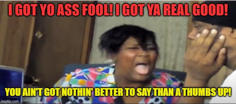 I GOT YO ASS FOOL! I GOT YA REAL GOOD! YOU AIN'T GOT NOTHIN' BETTER TO SAY THAN A THUMBS UP! | made w/ Imgflip meme maker