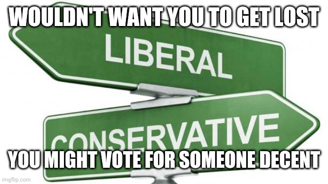 politics | WOULDN'T WANT YOU TO GET LOST; YOU MIGHT VOTE FOR SOMEONE DECENT | image tagged in politics | made w/ Imgflip meme maker