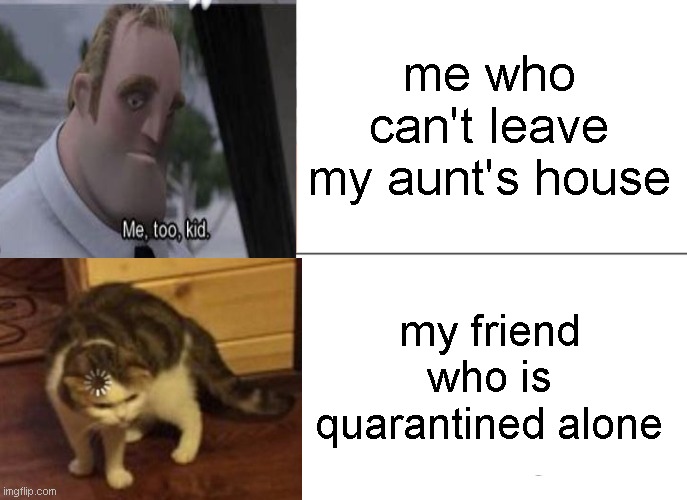 Tuxedo Winnie The Pooh Meme | me who can't leave my aunt's house my friend who is quarantined alone | image tagged in memes,tuxedo winnie the pooh | made w/ Imgflip meme maker