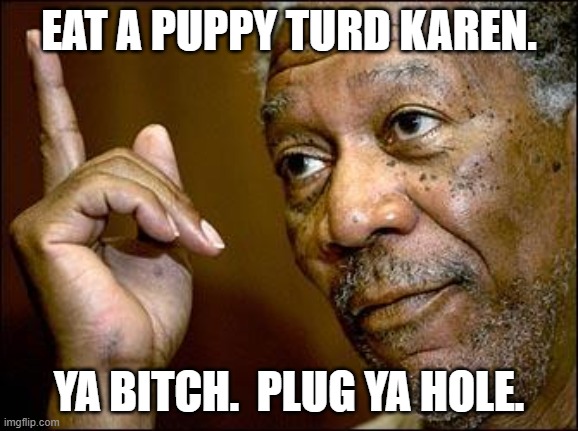 This Morgan Freeman | EAT A PUPPY TURD KAREN. YA BITCH.  PLUG YA HOLE. | image tagged in this morgan freeman | made w/ Imgflip meme maker