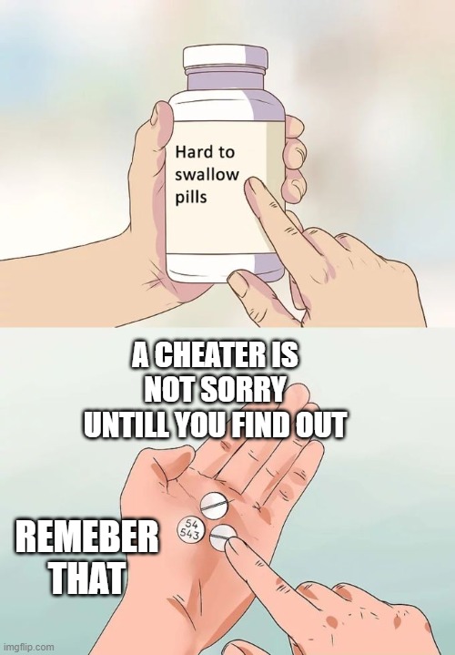 Hard To Swallow Pills Meme | A CHEATER IS NOT SORRY UNTILL YOU FIND OUT; REMEBER THAT | image tagged in memes,hard to swallow pills,funny,serious | made w/ Imgflip meme maker