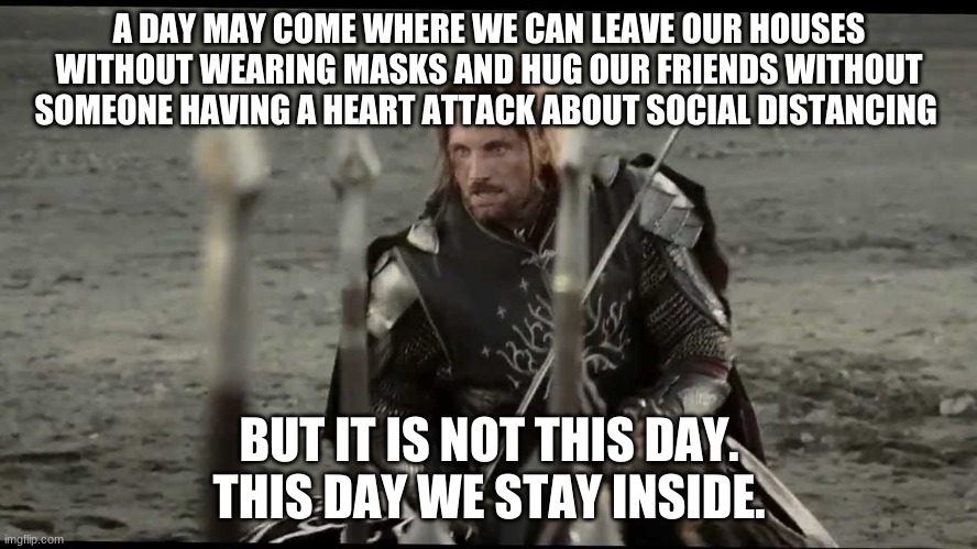 A DAY MAY COME WHERE WE CAN LEAVE OUR HOUSES WITHOUT WEARING MASKS AND HUG OUR FRIENDS WITHOUT SOMEONE HAVING A HEART ATTACK ABOUT SOCIAL DISTANCING; BUT IT IS NOT THIS DAY. THIS DAY WE STAY INSIDE. | image tagged in quarantine | made w/ Imgflip meme maker