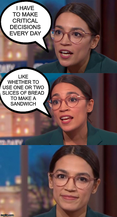 aoc dialog | I HAVE TO MAKE CRITICAL DECISIONS EVERY DAY; LIKE WHETHER TO USE ONE OR TWO
SLICES OF BREAD
TO MAKE A
SANDWICH | image tagged in aoc dialog,memes,make me a sandwich,decisions decisions,alexandria ocasio-cortez,x x everywhere | made w/ Imgflip meme maker