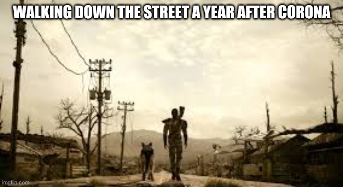 A simple day |  WALKING DOWN THE STREET A YEAR AFTER CORONA | image tagged in fallout 3 | made w/ Imgflip meme maker