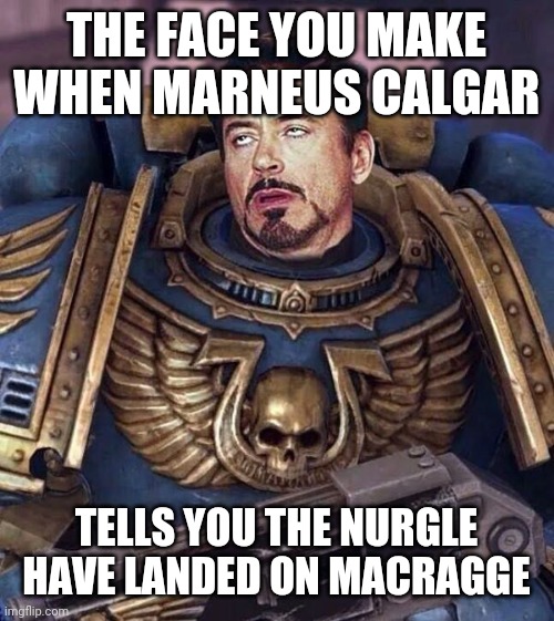 Robert Downey Face Warhammer 40k | THE FACE YOU MAKE WHEN MARNEUS CALGAR; TELLS YOU THE NURGLE HAVE LANDED ON MACRAGGE | image tagged in robert downey face warhammer 40k | made w/ Imgflip meme maker