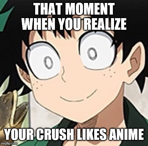 crush likes anime? | THAT MOMENT WHEN YOU REALIZE; YOUR CRUSH LIKES ANIME | image tagged in bnha,animemes,bnhamemes,deku | made w/ Imgflip meme maker