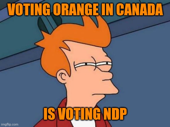 Futurama Fry Meme | VOTING ORANGE IN CANADA IS VOTING NDP | image tagged in memes,futurama fry | made w/ Imgflip meme maker