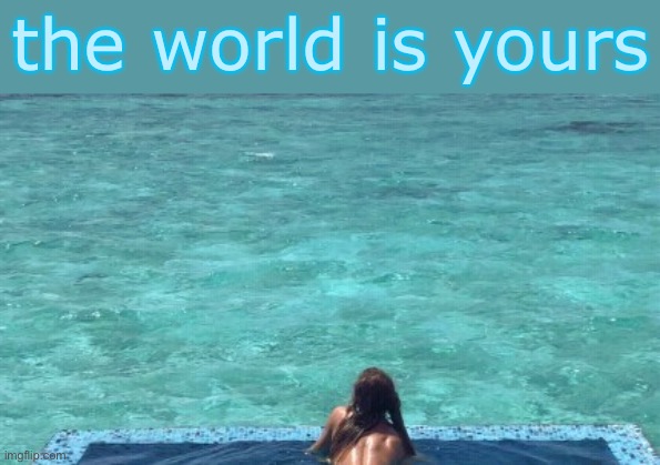 Whose world is this? | the world is yours | image tagged in girl in forever pool,world,positive thinking,positivity,stay positive,swimming pool | made w/ Imgflip meme maker