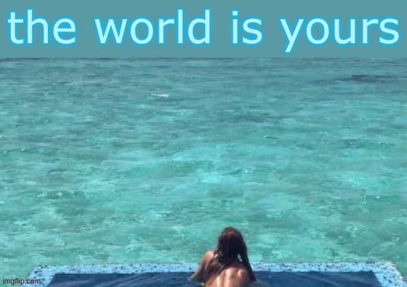 Whose world is this? | image tagged in the world is yours swimming pool,swimming pool,just keep swimming,stay positive,positive thinking,positivity | made w/ Imgflip meme maker