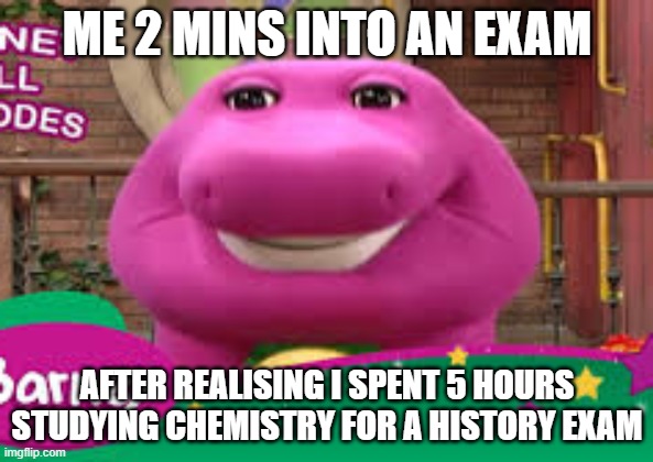 barny | ME 2 MINS INTO AN EXAM; AFTER REALISING I SPENT 5 HOURS STUDYING CHEMISTRY FOR A HISTORY EXAM | image tagged in barny | made w/ Imgflip meme maker