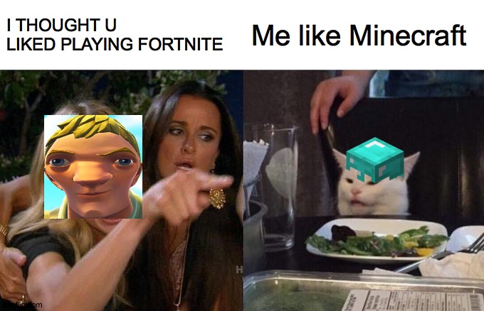 Woman Yelling At Cat | Me like Minecraft; I THOUGHT U LIKED PLAYING FORTNITE | image tagged in memes,woman yelling at cat | made w/ Imgflip meme maker