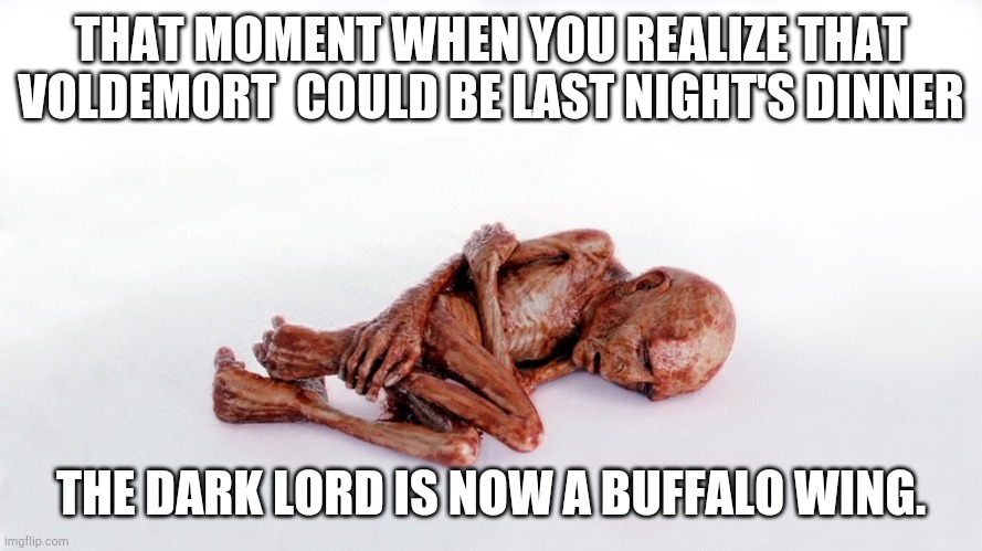 Voldemort | THAT MOMENT WHEN YOU REALIZE THAT VOLDEMORT  COULD BE LAST NIGHT'S DINNER; THE DARK LORD IS NOW A BUFFALO WING. | image tagged in weak voldemort | made w/ Imgflip meme maker