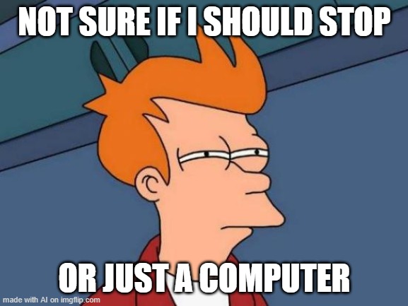 Futurama Fry Meme | NOT SURE IF I SHOULD STOP; OR JUST A COMPUTER | image tagged in memes,futurama fry | made w/ Imgflip meme maker