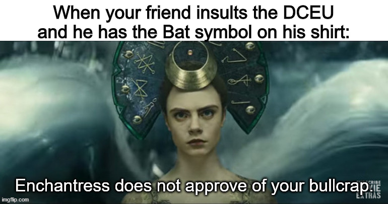 Enchantress Does Not Approve | When your friend insults the DCEU and he has the Bat symbol on his shirt: | image tagged in enchantress does not approve,batman,dceu forever | made w/ Imgflip meme maker