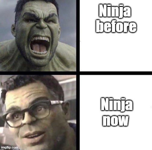 Ninja's career | Ninja 
before; Ninja now | image tagged in professor hulk | made w/ Imgflip meme maker