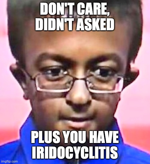 When a lame thinks his opinion was asked | DON'T CARE, DIDN'T ASKED; PLUS YOU HAVE IRIDOCYCLITIS | image tagged in memes | made w/ Imgflip meme maker