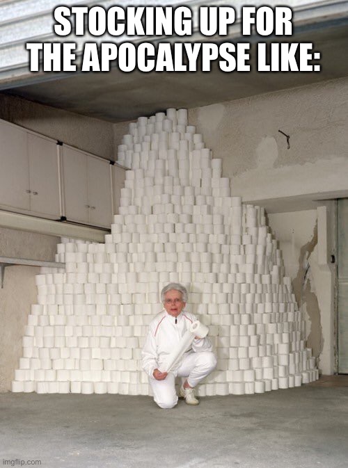 I said I wouldn’t make coronavirus memes, but I can’t help myself | STOCKING UP FOR THE APOCALYPSE LIKE: | image tagged in mountain of toilet paper | made w/ Imgflip meme maker