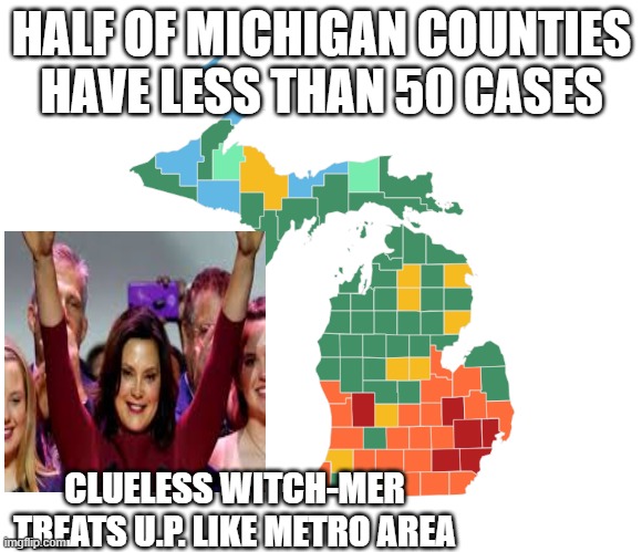 Clueless Witch-mer treats rural counties same as Detroit | HALF OF MICHIGAN COUNTIES HAVE LESS THAN 50 CASES; CLUELESS WITCH-MER TREATS U.P. LIKE METRO AREA | image tagged in coronavirus,governor,loser | made w/ Imgflip meme maker