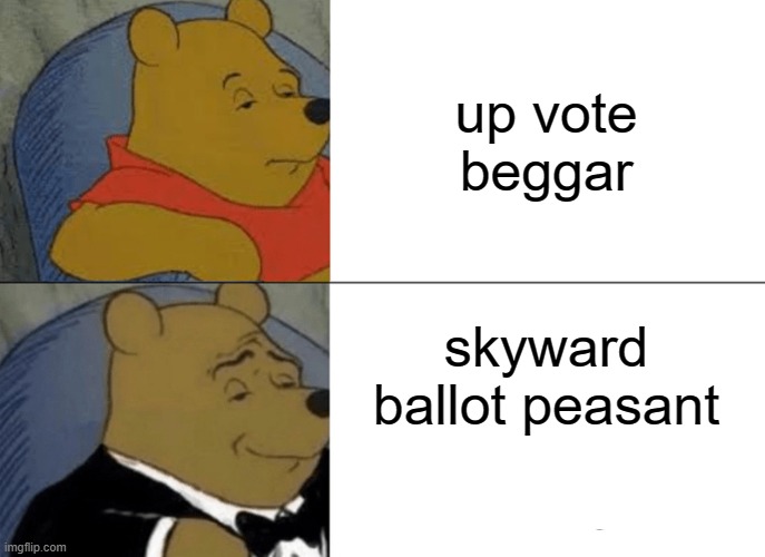 Tuxedo Winnie The Pooh Meme | up vote beggar; skyward ballot peasant | image tagged in memes,tuxedo winnie the pooh | made w/ Imgflip meme maker