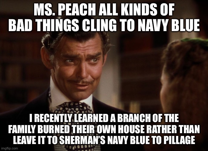 Rhett Butler | MS. PEACH ALL KINDS OF BAD THINGS CLING TO NAVY BLUE; I RECENTLY LEARNED A BRANCH OF THE FAMILY BURNED THEIR OWN HOUSE RATHER THAN LEAVE IT TO SHERMAN’S NAVY BLUE TO PILLAGE | image tagged in rhett butler | made w/ Imgflip meme maker