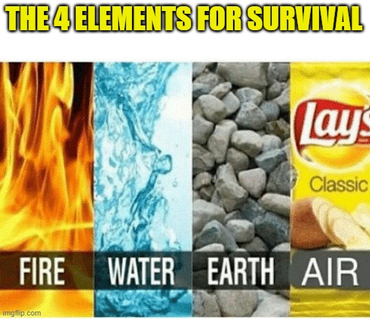 Air=Lays |  THE 4 ELEMENTS FOR SURVIVAL | image tagged in blank white template,a-good-username,ew,PewdiepieSubmissions | made w/ Imgflip meme maker