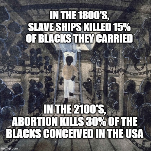 Statistics about the slave trade compared to the 2100s | IN THE 1800'S, SLAVE SHIPS KILLED 15% OF BLACKS THEY CARRIED; IN THE 2100'S, ABORTION KILLS 30% OF THE BLACKS CONCEIVED IN THE USA | image tagged in abortion,slavery,statistics | made w/ Imgflip meme maker