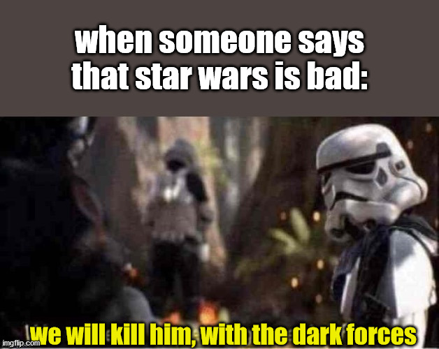 YOU WILL LIKE STAR WARS, LIKE IT OR NOT! | when someone says that star wars is bad:; we will kill him, with the dark forces | image tagged in we werent expecting special forces | made w/ Imgflip meme maker