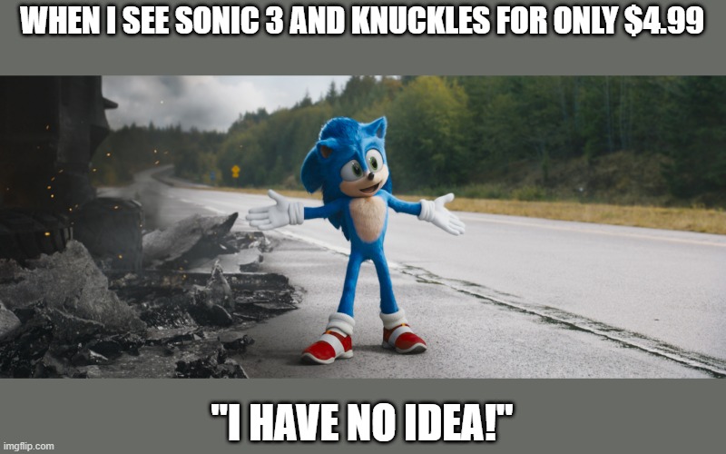 WHEN I SEE SONIC 3 AND KNUCKLES FOR ONLY 4.99 | WHEN I SEE SONIC 3 AND KNUCKLES FOR ONLY $4.99; "I HAVE NO IDEA!" | image tagged in sonic the hedgehog | made w/ Imgflip meme maker