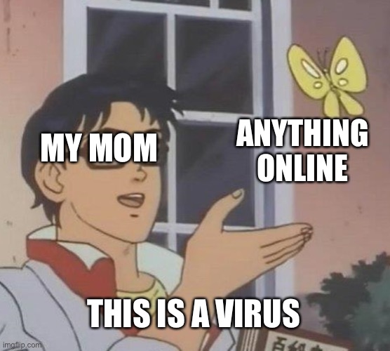 Moms that know nothing about technology | MY MOM; ANYTHING ONLINE; THIS IS A VIRUS | image tagged in memes,is this a pigeon | made w/ Imgflip meme maker