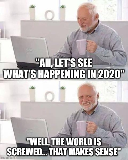 Memes For School Project: Part 4 | "AH, LET'S SEE WHAT'S HAPPENING IN 2020"; "WELL, THE WORLD IS SCREWED... THAT MAKES SENSE" | image tagged in memes,hide the pain harold | made w/ Imgflip meme maker
