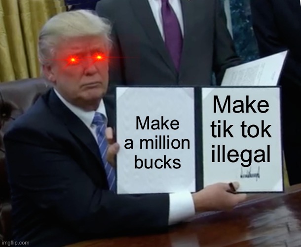 Our god | Make tik tok illegal; Make a million bucks | image tagged in memes,trump bill signing | made w/ Imgflip meme maker