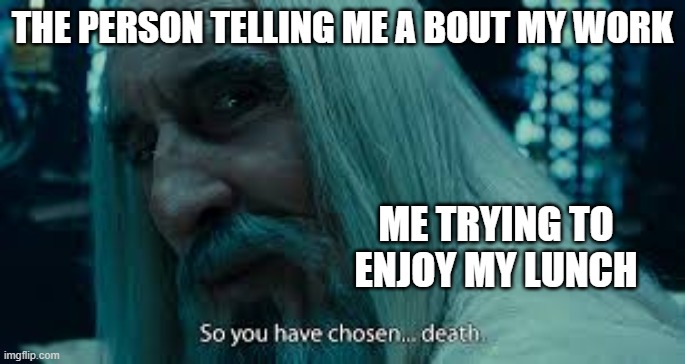 So you have chosen death | THE PERSON TELLING ME A BOUT MY WORK; ME TRYING TO ENJOY MY LUNCH | image tagged in so you have chosen death | made w/ Imgflip meme maker