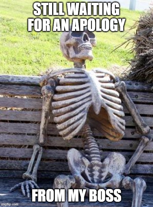 Waiting Skeleton Meme | STILL WAITING FOR AN APOLOGY; FROM MY BOSS | image tagged in memes,waiting skeleton | made w/ Imgflip meme maker