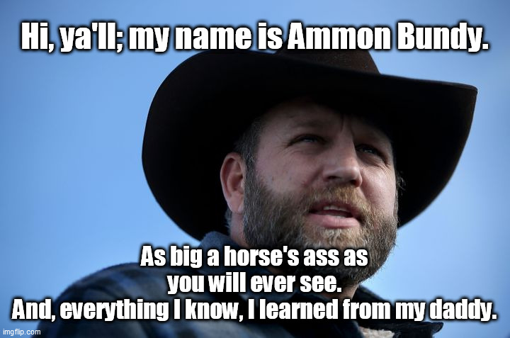 Hi, ya'll; my name is Ammon Bundy. As big a horse's ass as you will ever see.
And, everything I know, I learned from my daddy. | image tagged in ammon bundy,shithole,douche | made w/ Imgflip meme maker