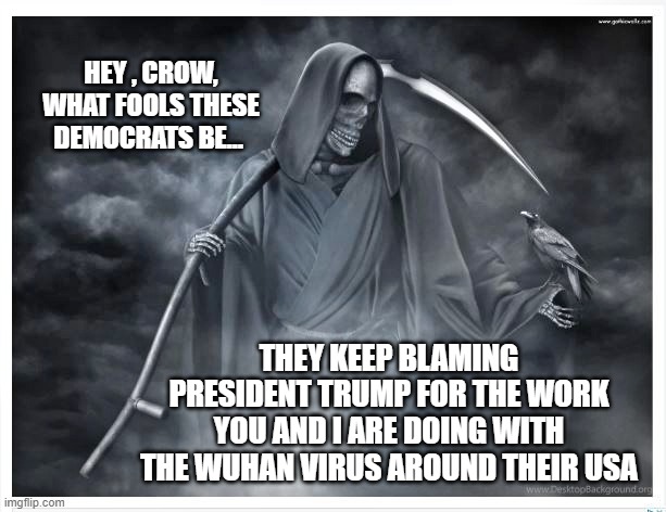 The Grim Reaper talking to Crow about the Democratic Party's response to the Wuhan Virus in America | HEY , CROW, WHAT FOOLS THESE DEMOCRATS BE... THEY KEEP BLAMING PRESIDENT TRUMP FOR THE WORK YOU AND I ARE DOING WITH THE WUHAN VIRUS AROUND THEIR USA | image tagged in wuhan,donald trump approves,liberal vs conservative,covid-19,grim reaper,true story | made w/ Imgflip meme maker