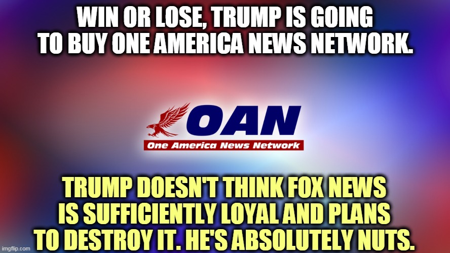 Nuts. | WIN OR LOSE, TRUMP IS GOING TO BUY ONE AMERICA NEWS NETWORK. TRUMP DOESN'T THINK FOX NEWS IS SUFFICIENTLY LOYAL AND PLANS TO DESTROY IT. HE'S ABSOLUTELY NUTS. | image tagged in trump,loyalty,crazy,fox news,nuts | made w/ Imgflip meme maker