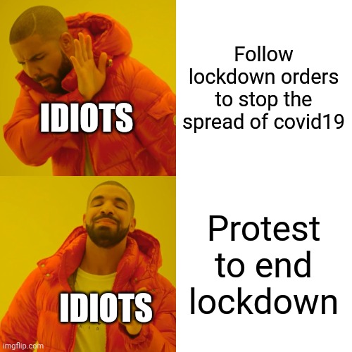 Drake Hotline Bling | Follow lockdown orders to stop the spread of covid19; IDIOTS; Protest to end lockdown; IDIOTS | image tagged in memes,drake hotline bling | made w/ Imgflip meme maker