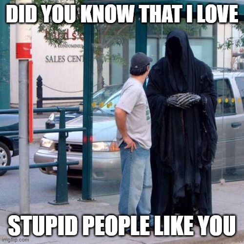 Covid - Reaper | DID YOU KNOW THAT I LOVE; STUPID PEOPLE LIKE YOU | image tagged in grim reaper funny,memes,so true memes,covidiots | made w/ Imgflip meme maker