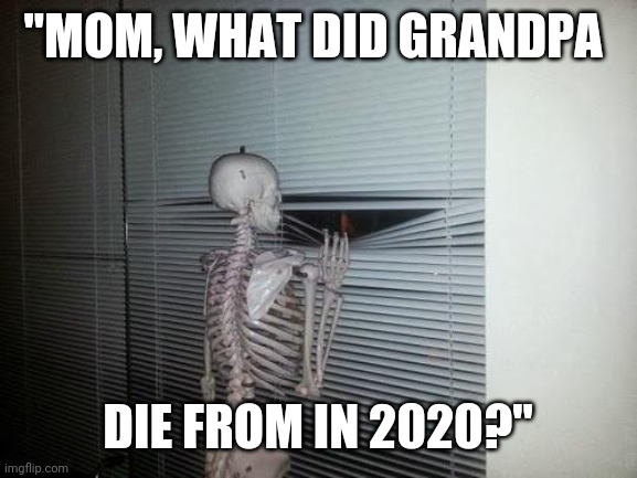Skeleton Looking Out Window | "MOM, WHAT DID GRANDPA; DIE FROM IN 2020?" | image tagged in skeleton looking out window | made w/ Imgflip meme maker