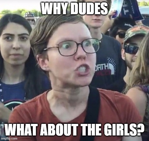 Triggered feminist | WHY DUDES WHAT ABOUT THE GIRLS? | image tagged in triggered feminist | made w/ Imgflip meme maker