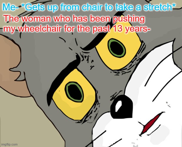 WTF | Me- *Gets up from chair to take a stretch*; The woman who has been pushing my wheelchair for the past 13 years- | image tagged in memes,unsettled tom | made w/ Imgflip meme maker