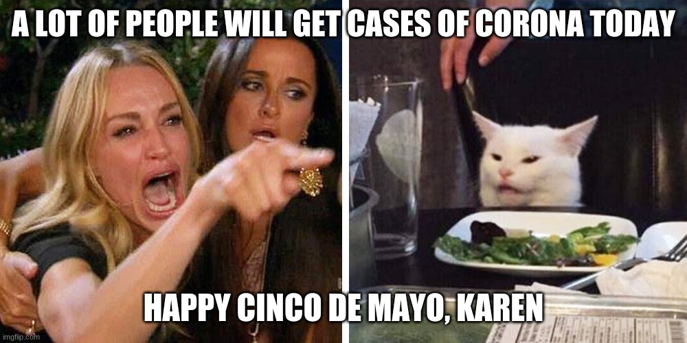 Smudge the cat | A LOT OF PEOPLE WILL GET CASES OF CORONA TODAY; HAPPY CINCO DE MAYO, KAREN | image tagged in smudge the cat | made w/ Imgflip meme maker