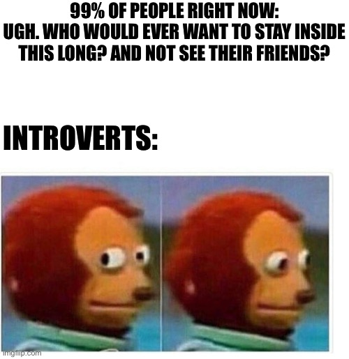 Introverts | 99% OF PEOPLE RIGHT NOW:
UGH. WHO WOULD EVER WANT TO STAY INSIDE THIS LONG? AND NOT SEE THEIR FRIENDS? INTROVERTS: | image tagged in covid-19,monkey puppet,stay home | made w/ Imgflip meme maker